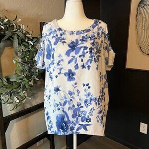 Blue‎ and White Open Shoulder Women's XXL Blouse